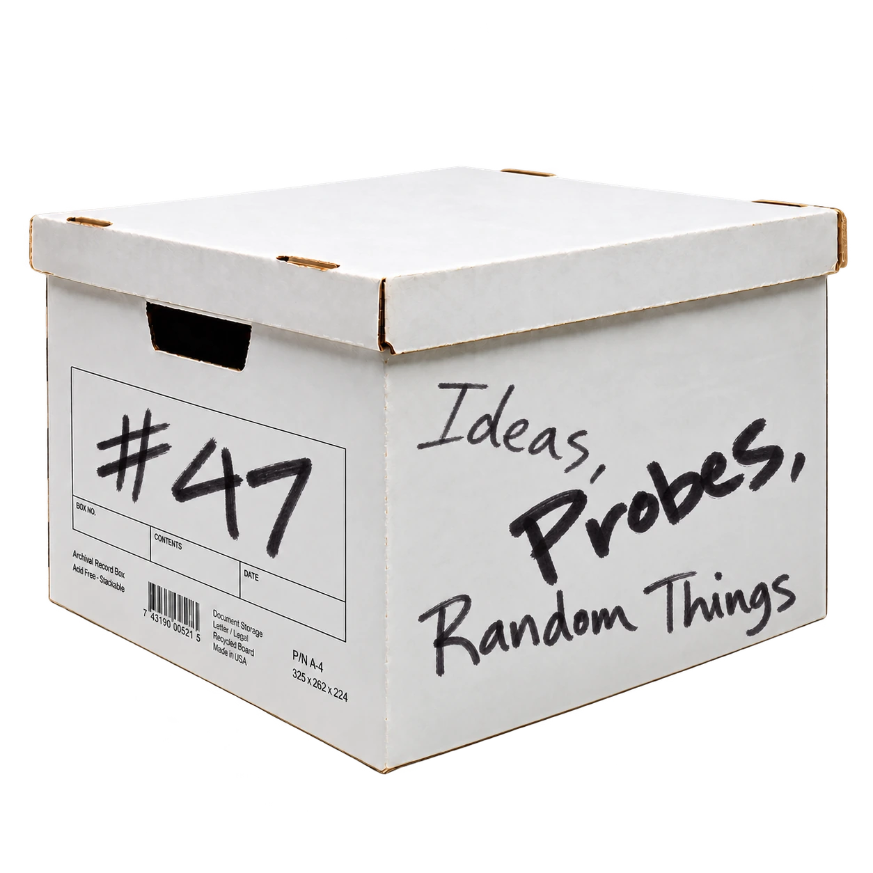 White archive box handwritten Ideas, Probes, Random Things, number 47